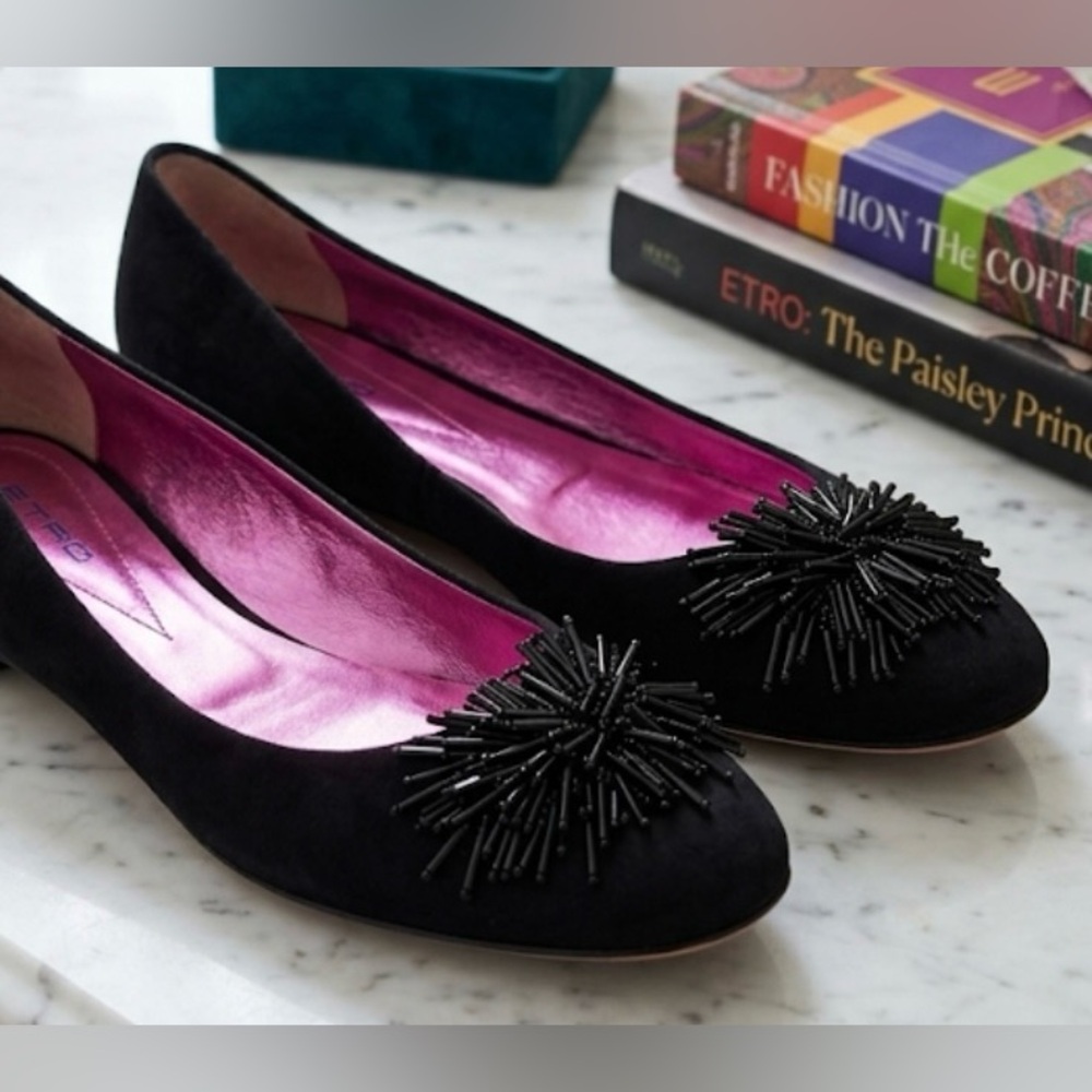 Black Beaded Pom Ballet Flats - Women